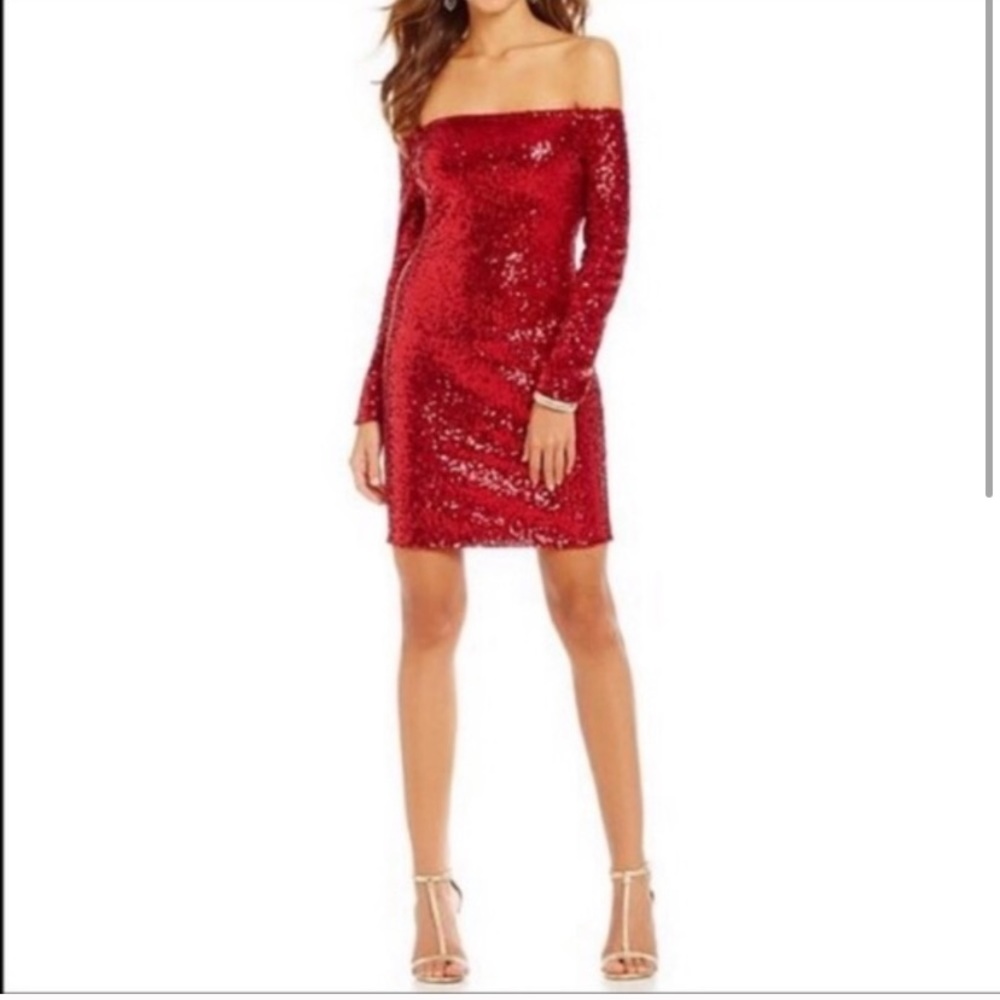Red Sequins Sparkly Long Sleeve Dress